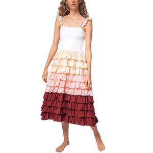 NEW Pitusa Ruffle Smocked Dress Petite Boho Midi Gradient Pima Cotton Coquette